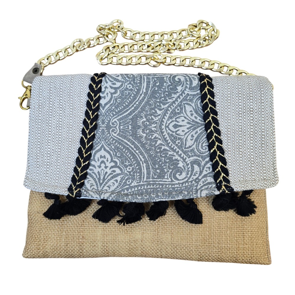 Boho Jute Burlap‎ Clutch Envelope Handbag Gold Chain Strap Tassels Gray Paisley